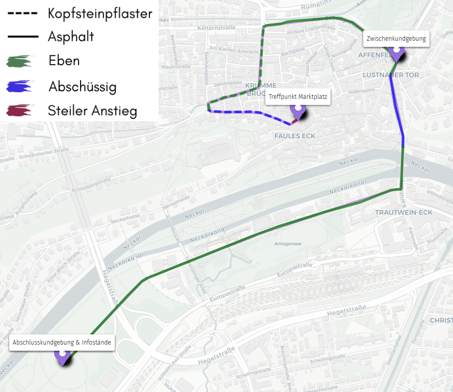 Demoroute:
Startpunkt: Marktplatz
Am Markt bis Haaggasse
Haaggasse bis Seelhausgasse
Kreuzung Seelhausgasse bis Ammergasse
Ammergasse über Judengasse bis Schmiedtorstraße
Schmiedtorstraße bis zur Kreuzung Am Stadtgraben
Am Stadtgraben bis zum Lustnauer Tor
Kreuzung Lustnauer Tor bis Mühlstraße
Mühlstraße bis Eberhardsbrücke
Eberhardsbrücke bis Kreuzung Uhlandstrasse
Uhlandstrasse bis Derendinger Allee
Weiter geradeaus bis zu Kastanienallee
Endpunkt: Kastanienallee